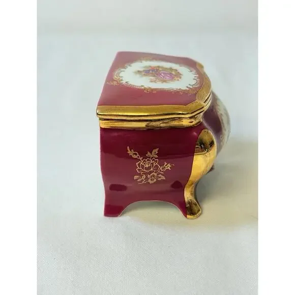 Vtg Porcelain SA Limoges Courting Couple Burgundy &Gold Trinket Box